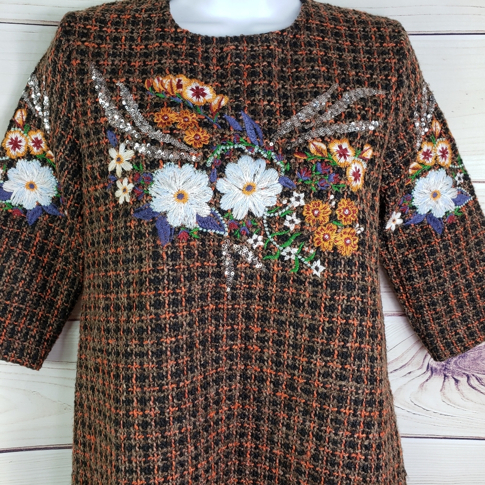 Zara Tweed Women's Embroidered Dress Size Small Flattering